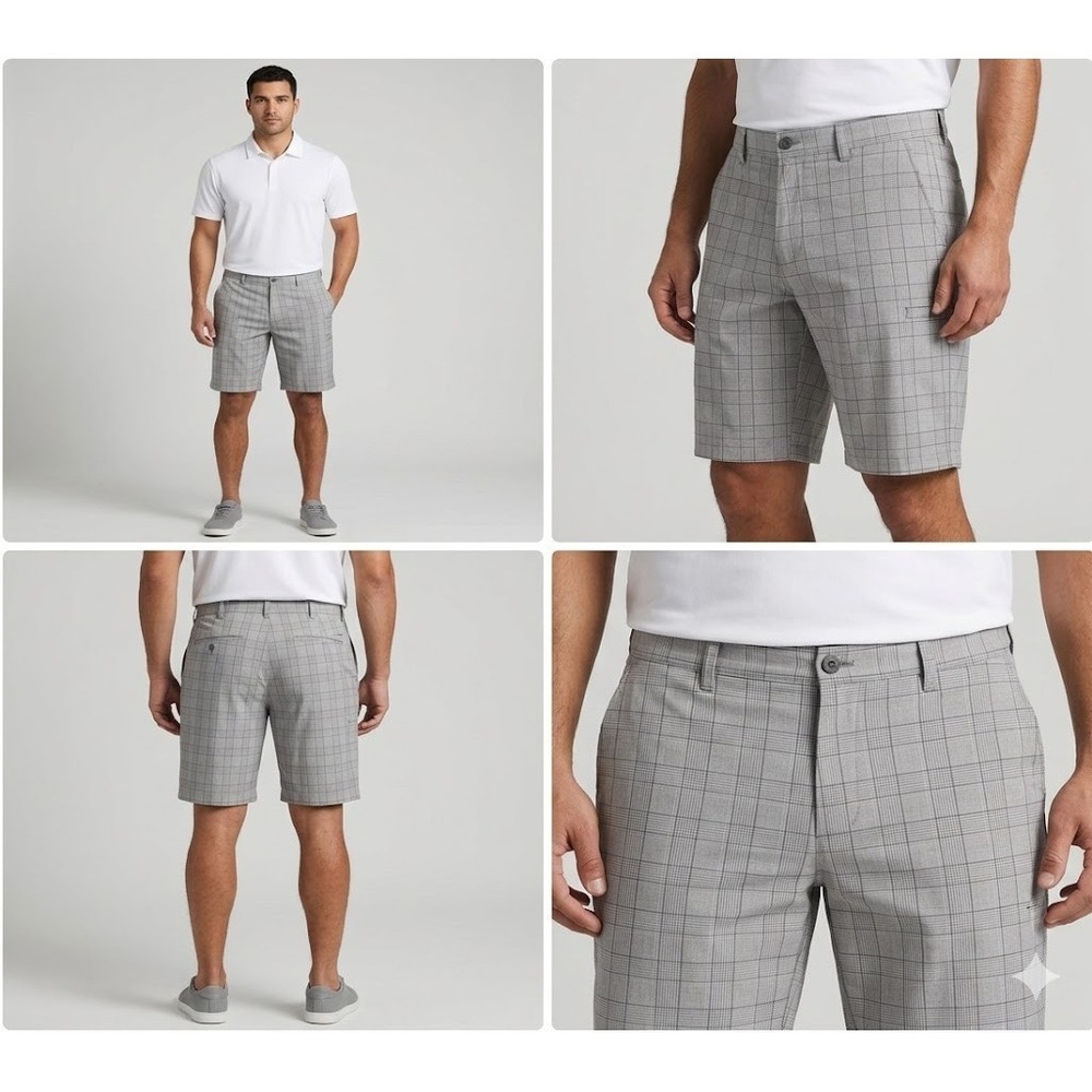 PGA Tour Chino Shorts Mens Size 38 Gray Plaid Golf Performance Pocket Flat Front